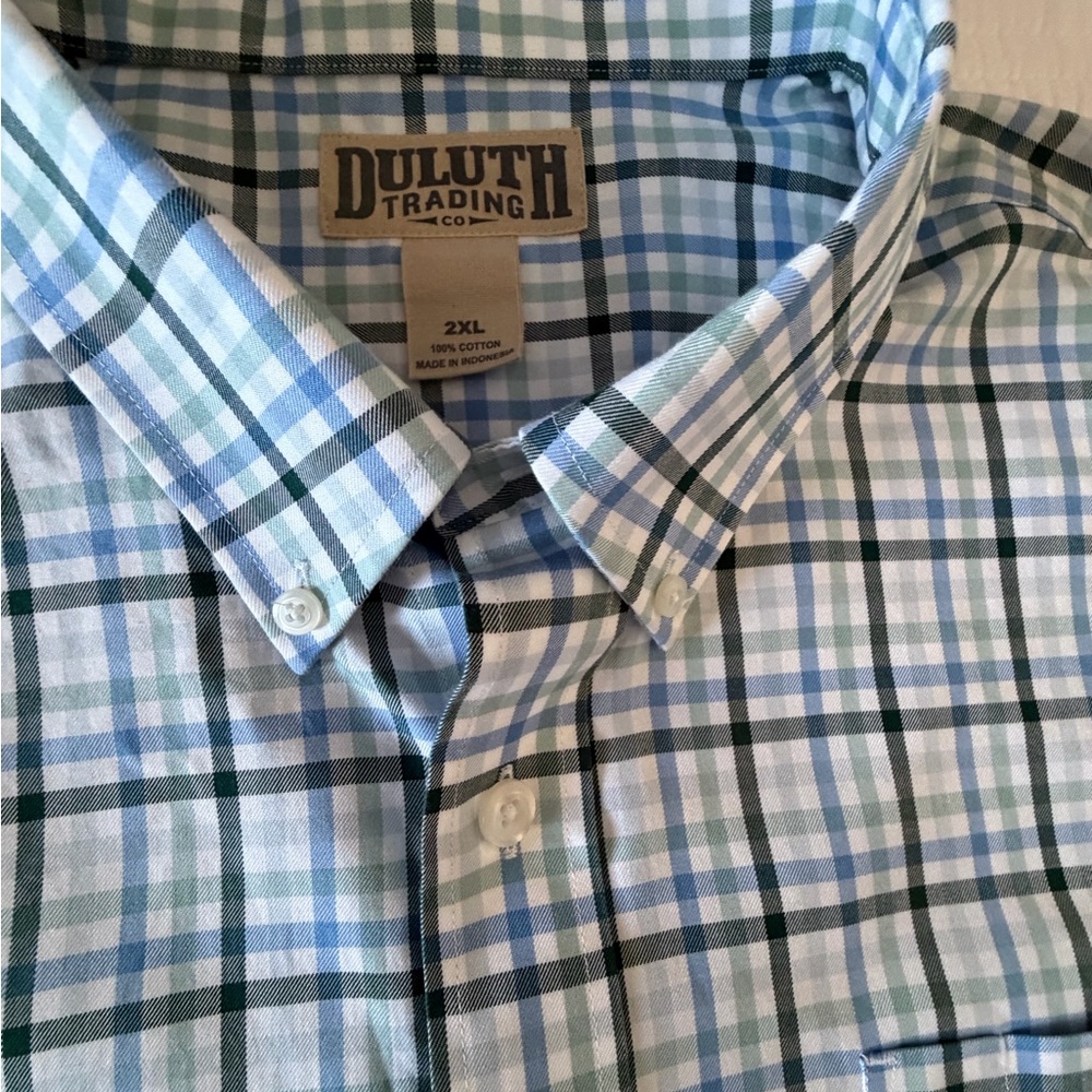 Duluth Trading Co Men's Green and White Checkered Shirt